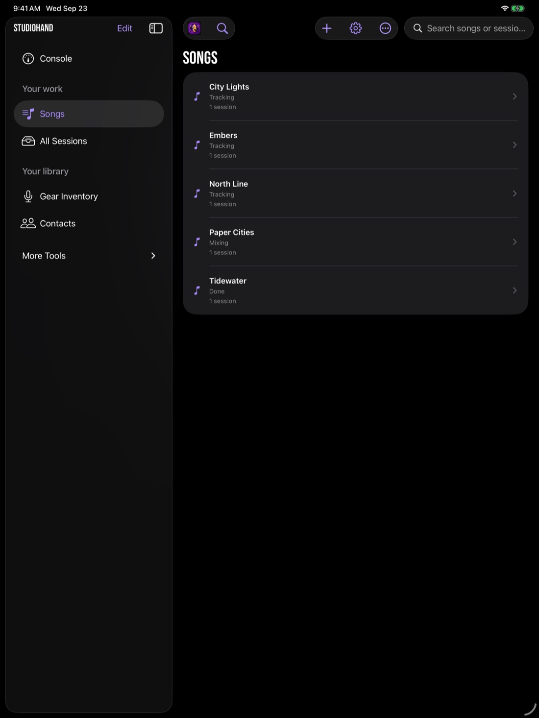 StudioHand on iPad, with the song library and detail side by side