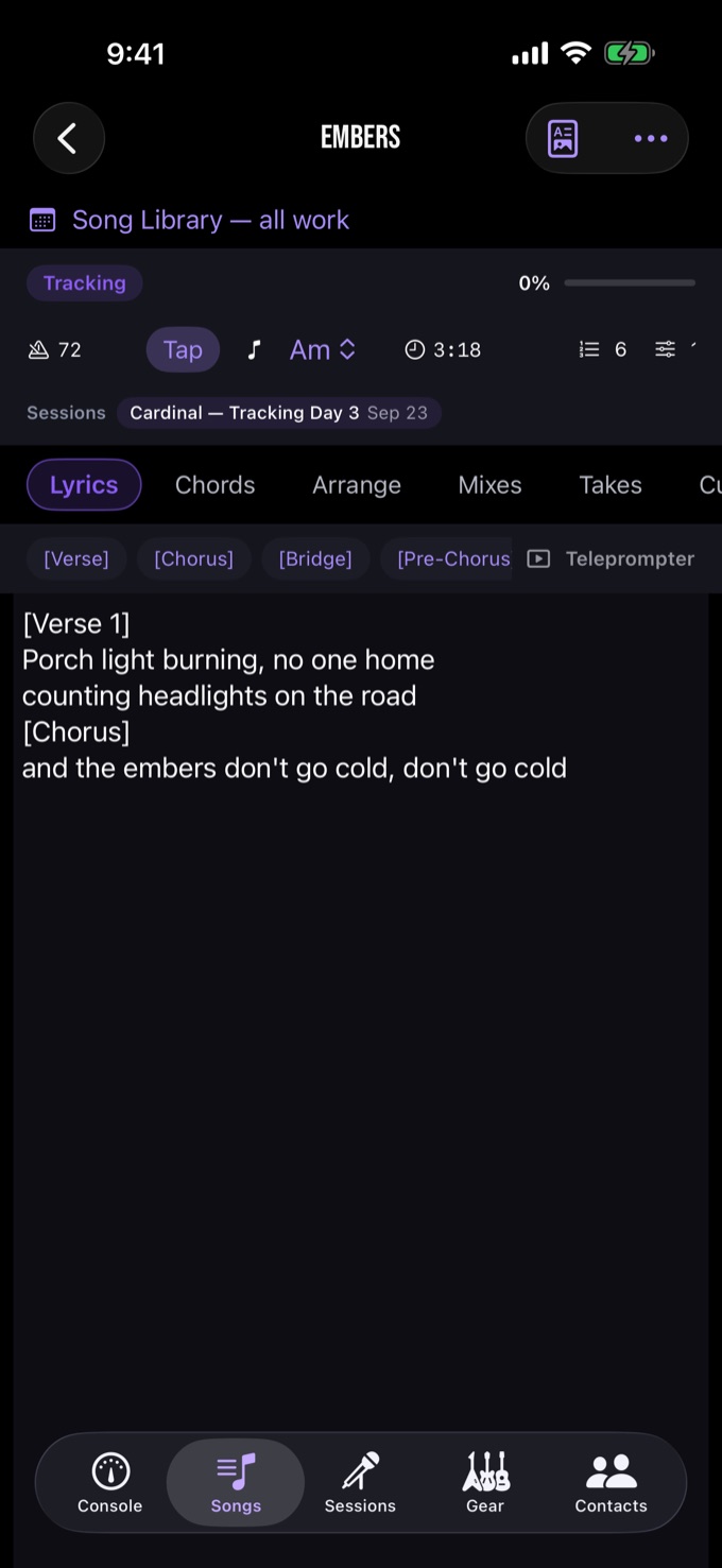 A song's lyric sheet with section markers and the Lyrics, Chords and Arrange tabs