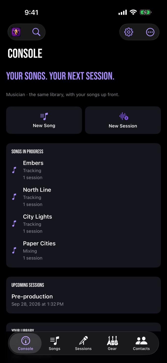The StudioHand Console in Musician mode, showing songs in progress and the next session