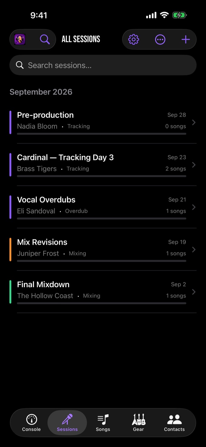 The sessions list grouped by month with client, status and song counts