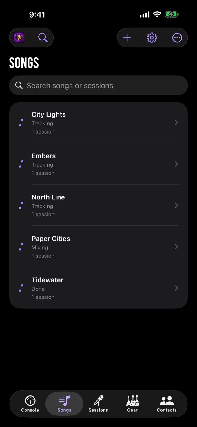 The song library listing every song with its status